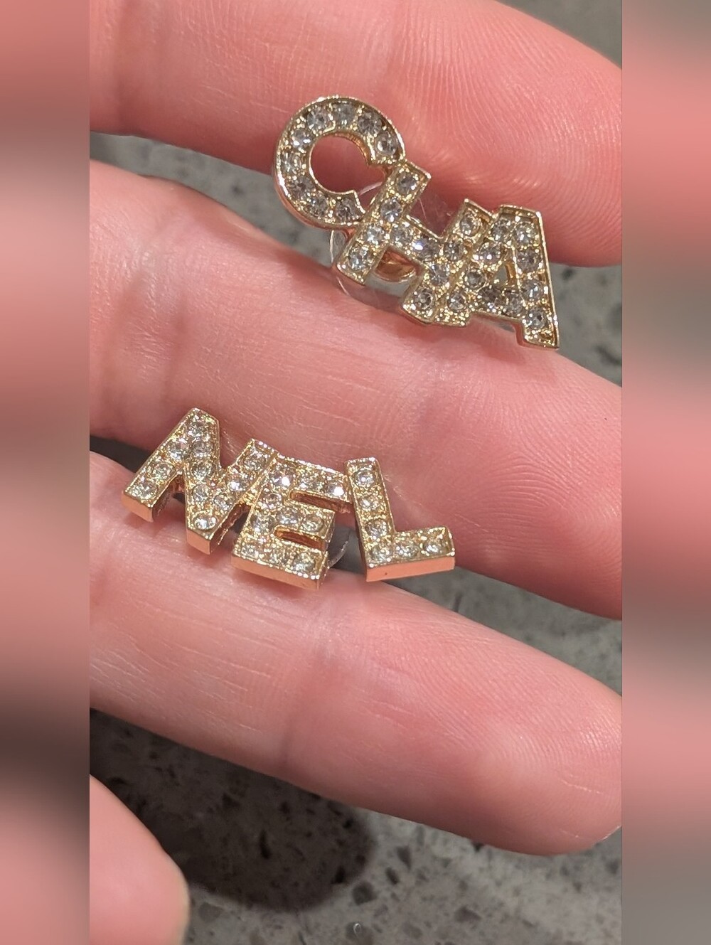 Gold Crystal Cha NeL Letter Stud Earrings - Inspired Jewelry